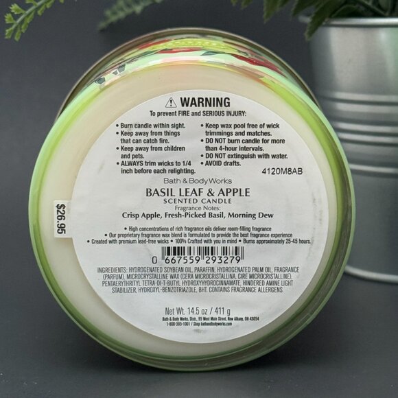 BBW Basil Leaf & Apple Bath & Body Works 3 Wick Candle - Picture 9 of 10
